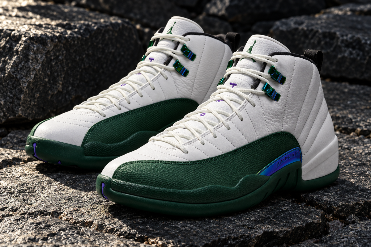 Air Jordan 12 Bucks white and green sneaker pair on dark textured stone