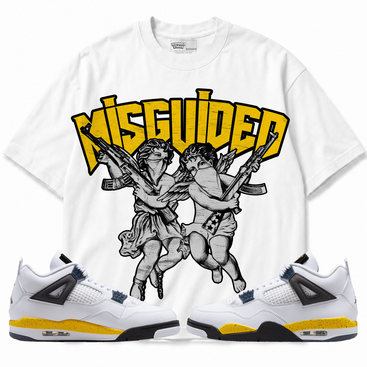 Angels Air Jordan 4 Tour Yellow graphic T-shirt with matching sneakers