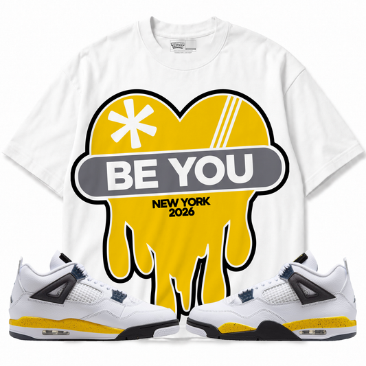 Be You Air Jordan 4 Tour Yellow graphic T-shirt with matching sneakers