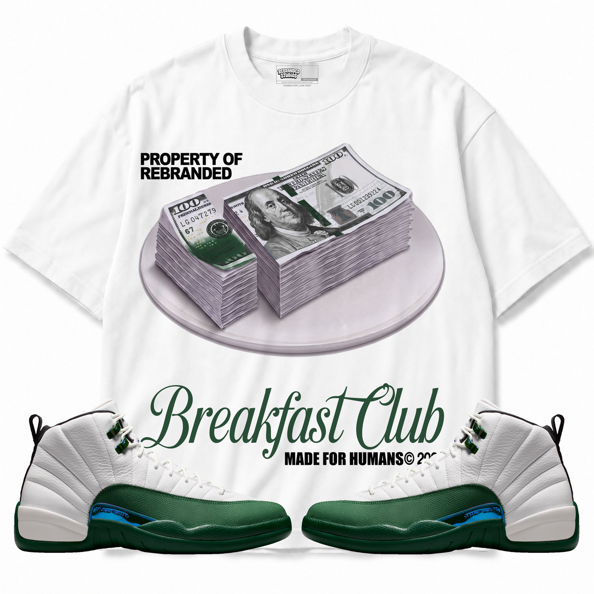 Breakfast Club Air Jordan 12 Bucks graphic T-shirt with matching sneakers