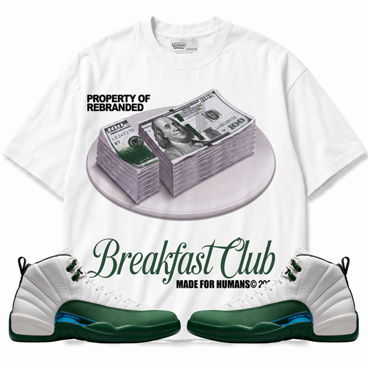 Breakfast Club Air Jordan 12 Bucks graphic T-shirt with matching sneakers