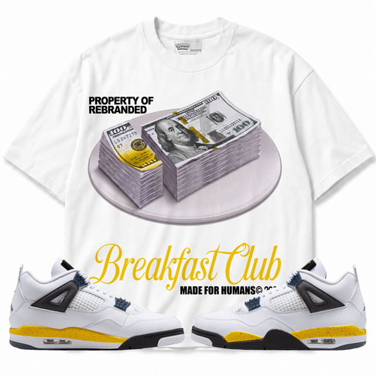 Breakfast Club Air Jordan 4 Tour Yellow graphic T-shirt with matching sneakers
