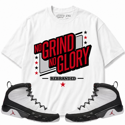 Rebranded Studios No Grind No Glory Air Jordan 9 OG Space Jam Graphic T-Shirt