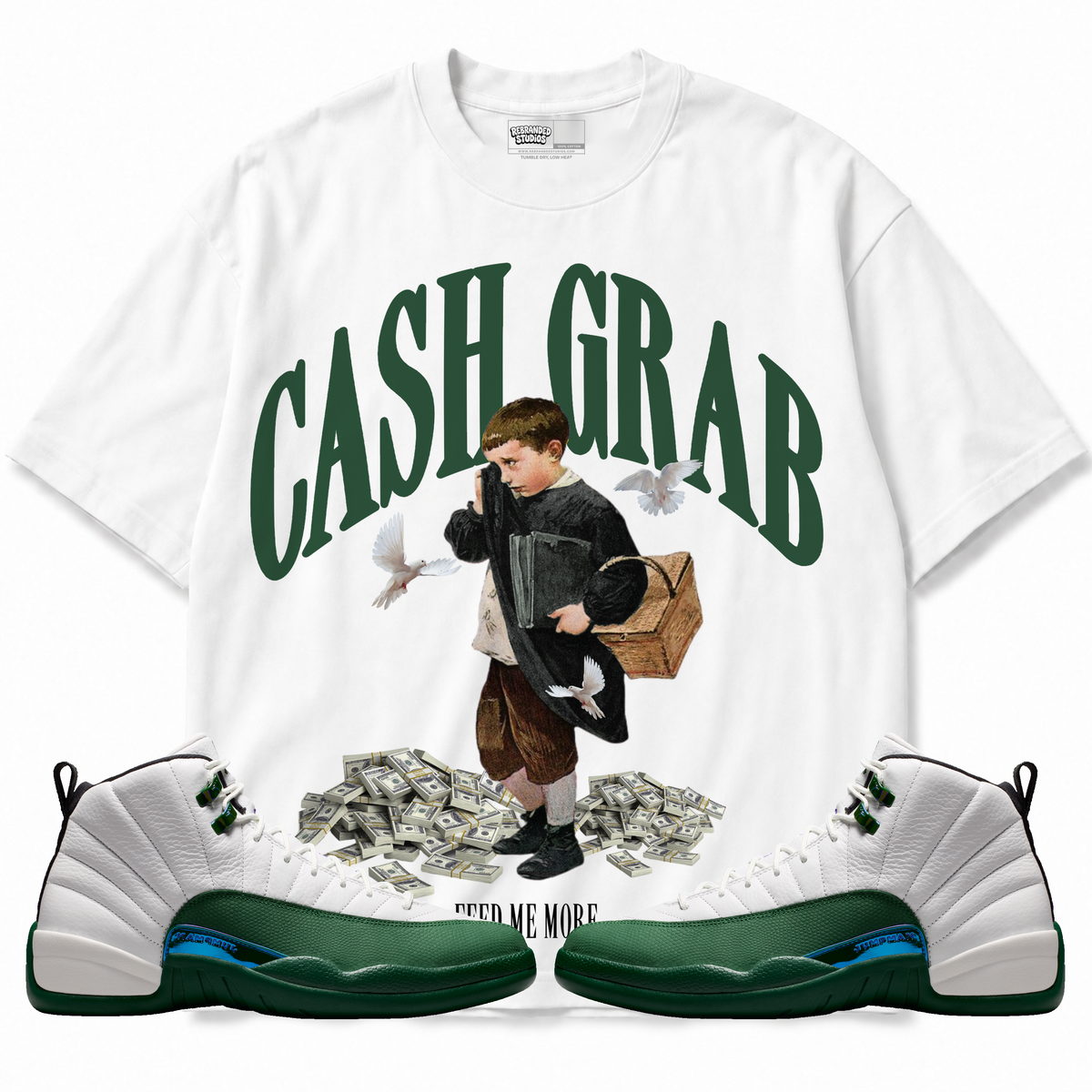 Cash Grab Air Jordan 12 Bucks graphic T-shirt with matching sneakers