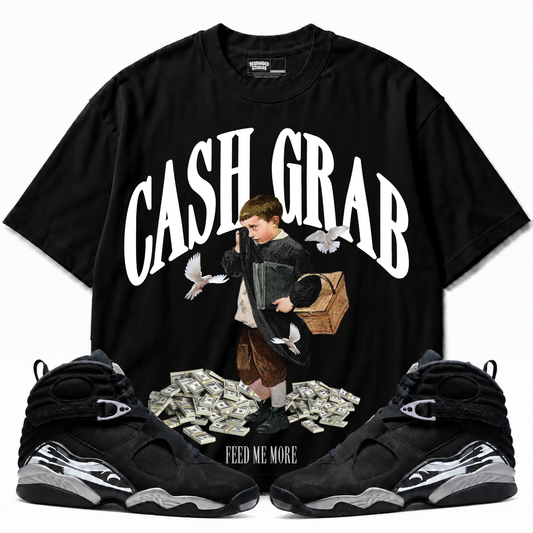 Cash Grab Air Jordan 8 Chrome black graphic T-shirt with matching sneakers