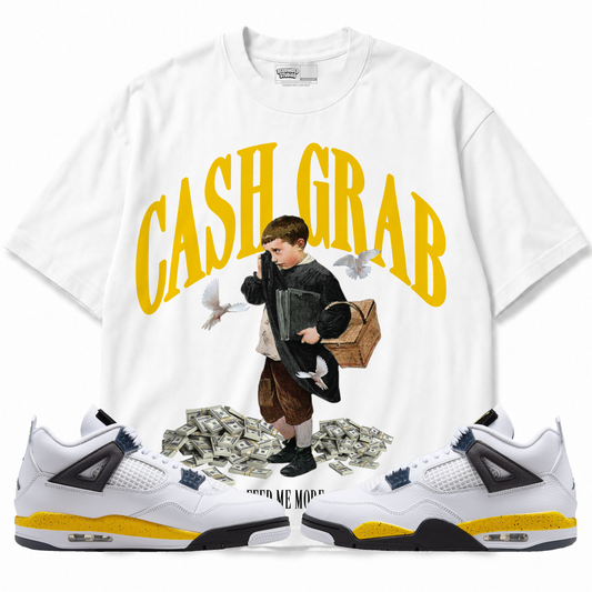 Cash Grab Air Jordan 4 Tour Yellow graphic T-shirt with matching sneakers