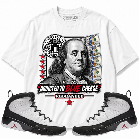 Rebranded Studios Addicted To Blue Cheese Air Jordan 9 OG Space Jam Graphic T-Shirt