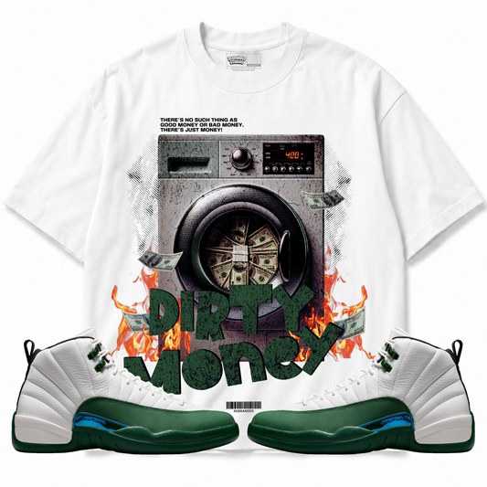 Dirty Money Air Jordan 12 Bucks graphic T-shirt with matching sneakers