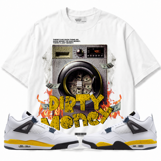 Dirty Money Air Jordan 4 Tour Yellow graphic T-shirt with matching sneakers