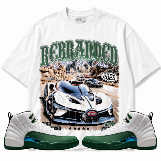 Driven By Vision Air Jordan 12 Bucks graphic T-shirt with matching sneakers