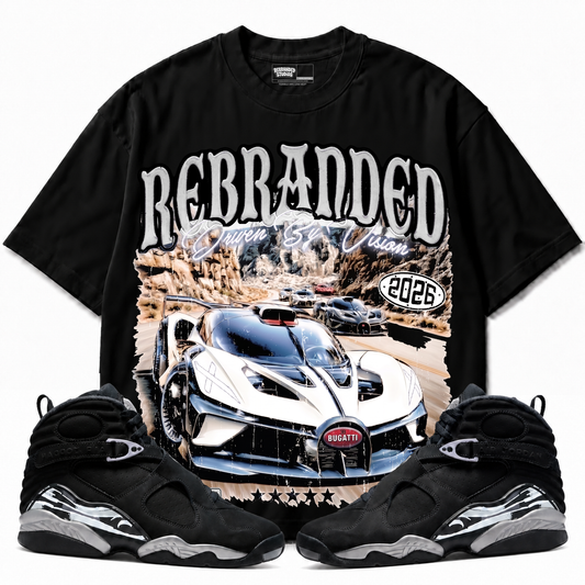 Driven By Vision Air Jordan 8 Chrome black graphic T-shirt — front with matching sneakers