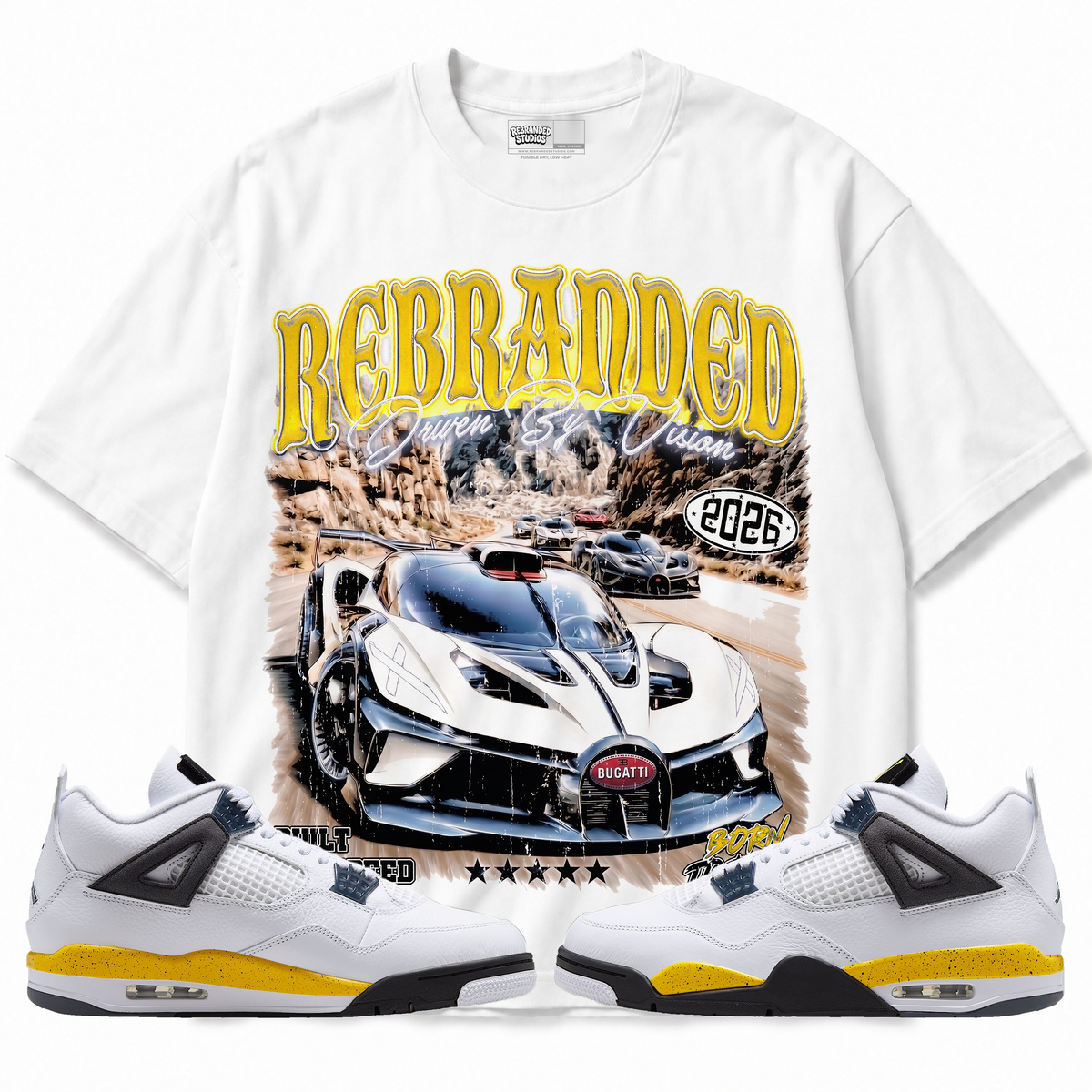 Driven By Vision Air Jordan 4 Tour Yellow graphic T-shirt with matching sneakers