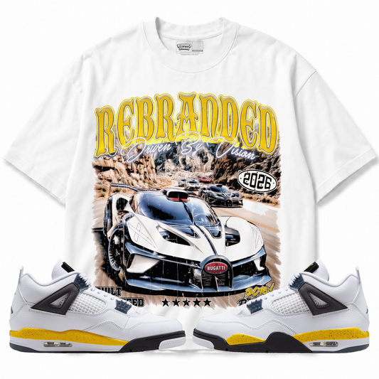 Driven By Vision Air Jordan 4 Tour Yellow graphic T-shirt with matching sneakers