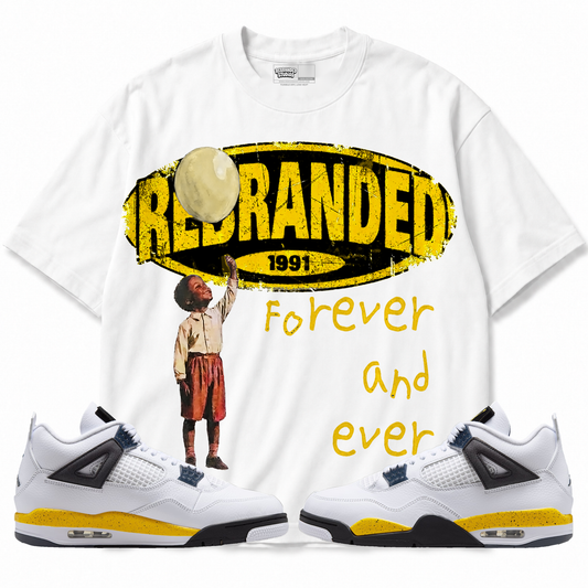 Forever And Ever Air Jordan 4 Tour Yellow graphic T-shirt with matching sneakers