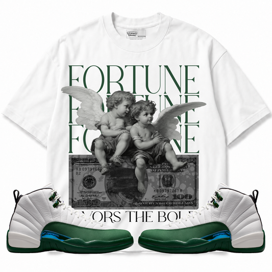Fortune Favors The Bold Air Jordan 12 Bucks graphic T-shirt with matching sneakers