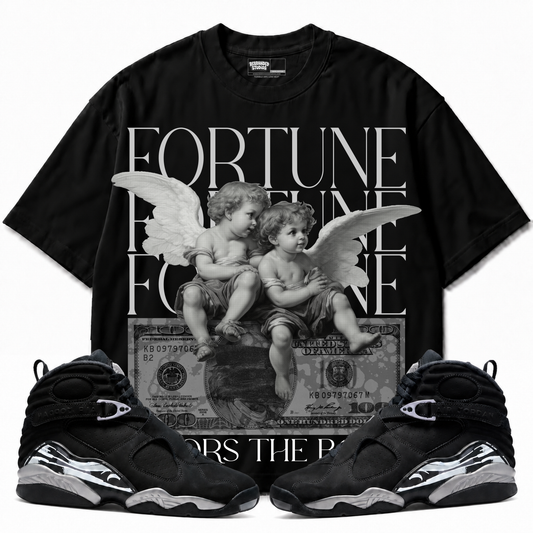 Fortune Favors The Bold Air Jordan 8 Chrome black graphic T-shirt — front with matching sneakers