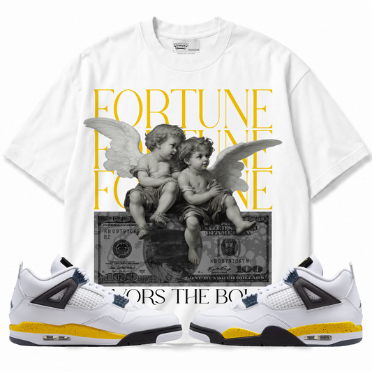 Fortune Favors The Bold Air Jordan 4 Tour Yellow graphic T-shirt with matching sneakers