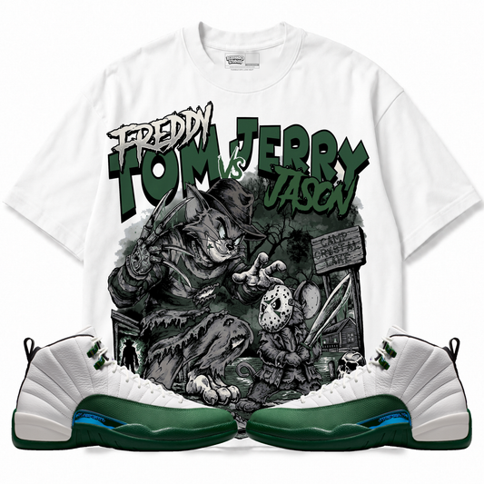 Freddy Tom Vs Jerry Jason Air Jordan 12 Bucks graphic T-shirt with matching sneakers
