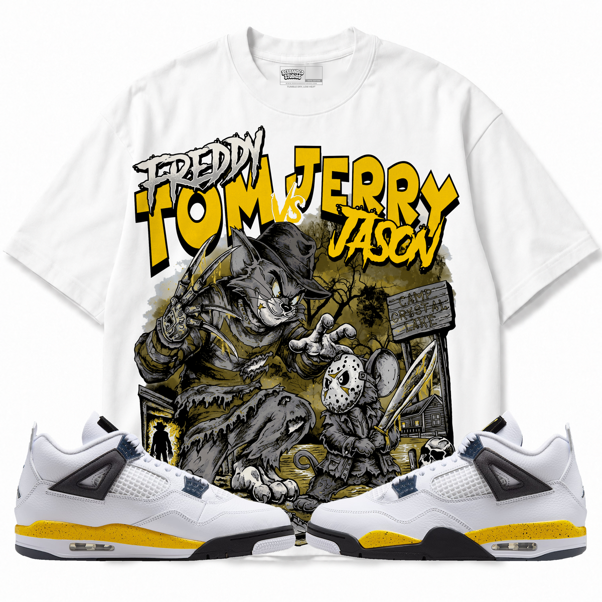 Freddy Tom Vs Jerry Jason Air Jordan 4 Tour Yellow graphic T-shirt with matching sneakers