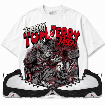 Freddy Tom Vs Jerry Jason (Air Jordan 9 OG Space Jam) T-Shirt with matching sneakers