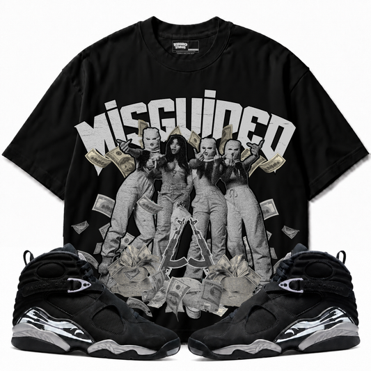 Girls Air Jordan 8 Chrome black graphic T-shirt — front with matching sneakers