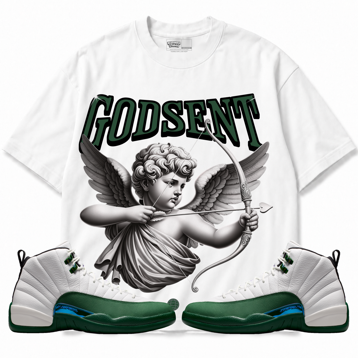 God Sent Air Jordan 12 Bucks graphic T-shirt with matching sneakers