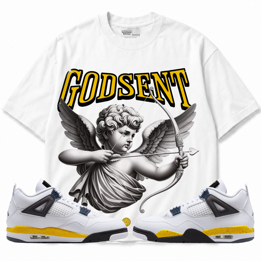 God Sent Air Jordan 4 Tour Yellow graphic T-shirt with matching sneakers