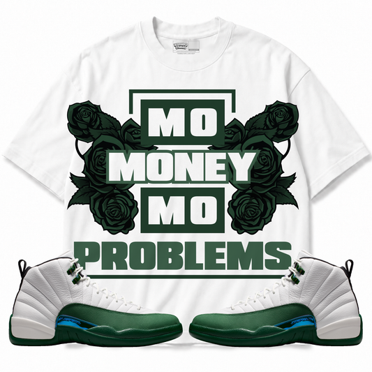 Mo Money Mo Problems Air Jordan 12 Bucks Graphic T-Shirt — white T-shirt front with matching sneakers