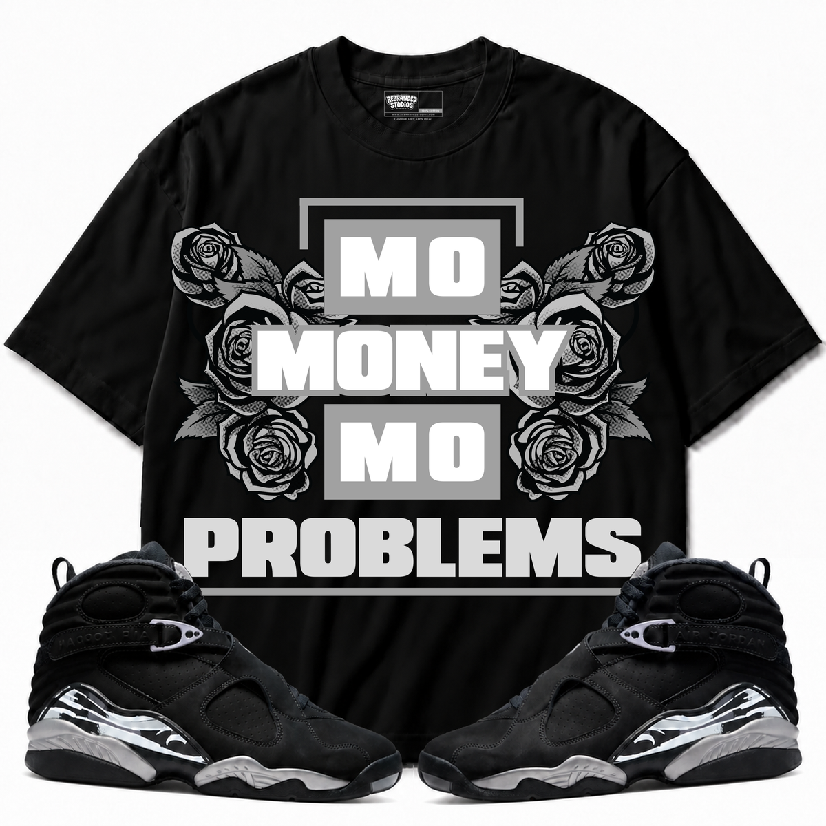 Mo Money Mo Problems Air Jordan 8 Chrome Graphic T-Shirt — black T-shirt front with matching sneakers
