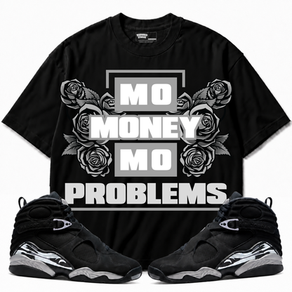 Mo Money Mo Problems Air Jordan 8 Chrome Graphic T-Shirt — black T-shirt front with matching sneakers