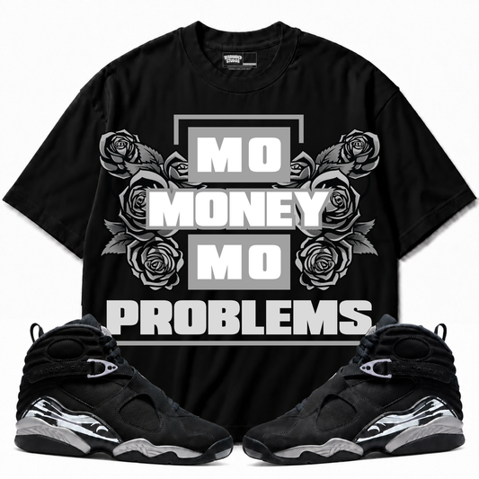 Mo Money Mo Problems Air Jordan 8 Chrome Graphic T-Shirt — black T-shirt front with matching sneakers