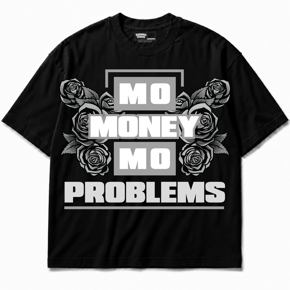 Mo Money Mo Problems Air Jordan 8 Chrome Graphic T-Shirt — black T-shirt front without sneakers