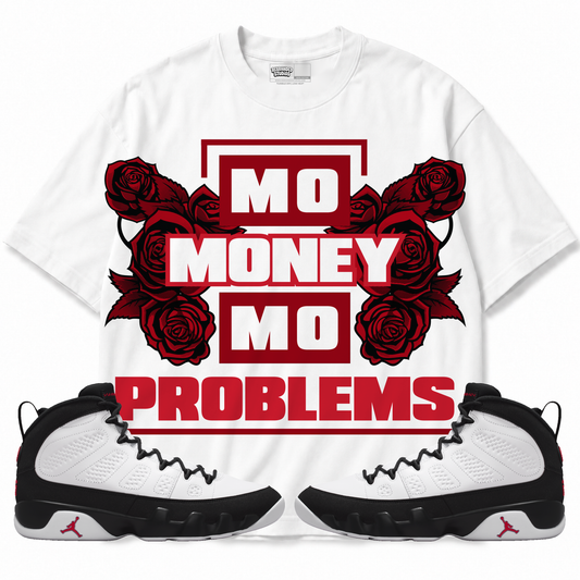 Mo Money Mo Problems Air Jordan 9 OG Space Jam Graphic T-Shirt — white T-shirt front with matching sneakers