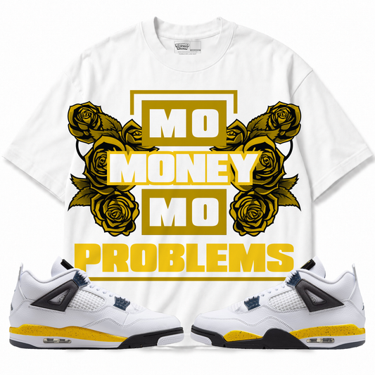 Mo Money Mo Problems Air Jordan 4 Tour Yellow Graphic T-Shirt — white T-shirt front with matching sneakers