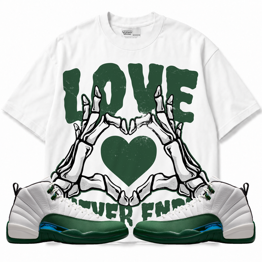 Love Never Ends Air Jordan 12 Bucks Graphic T-Shirt — white T-shirt front with matching sneakers