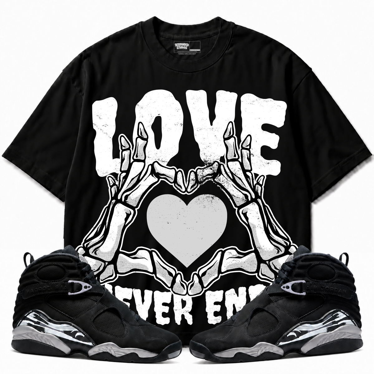 Love Never Ends Air Jordan 8 Chrome Graphic T-Shirt — black T-shirt front with matching sneakers