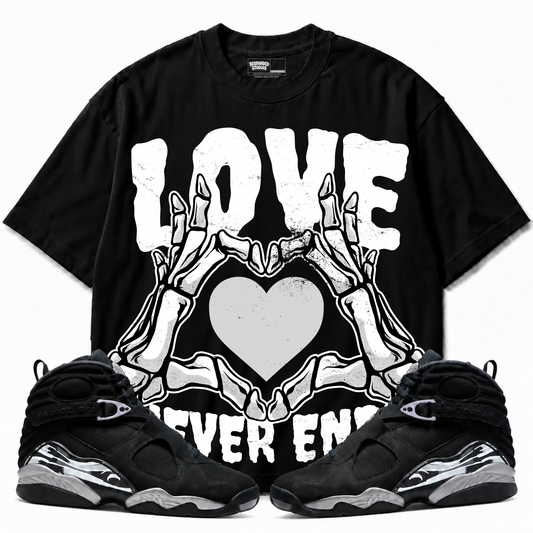 Love Never Ends Air Jordan 8 Chrome Graphic T-Shirt — black T-shirt front with matching sneakers