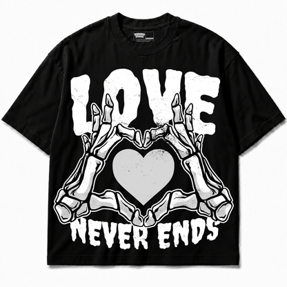 Love Never Ends Air Jordan 8 Chrome Graphic T-Shirt — black T-shirt front without sneakers