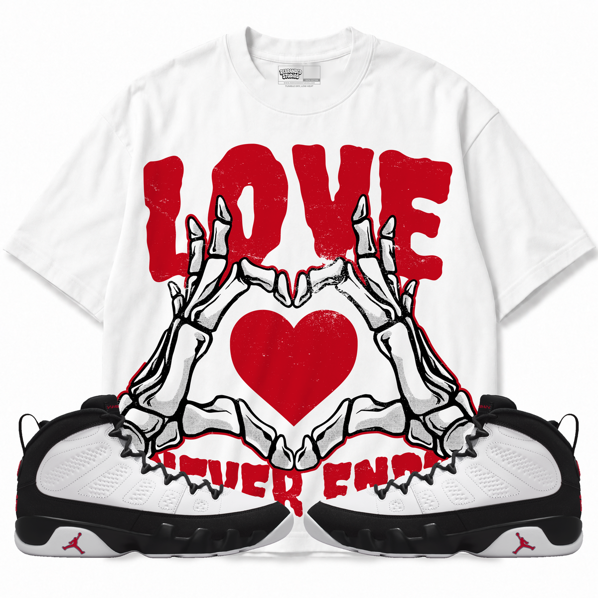 Love Never Ends Air Jordan 9 OG Space Jam Graphic T-Shirt — white T-shirt front with matching sneakers