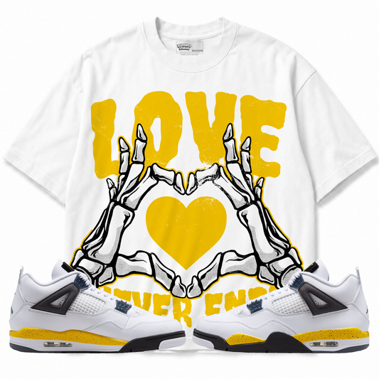 Love Never Ends Air Jordan 4 Tour Yellow Graphic T-Shirt — white T-shirt front with matching sneakers