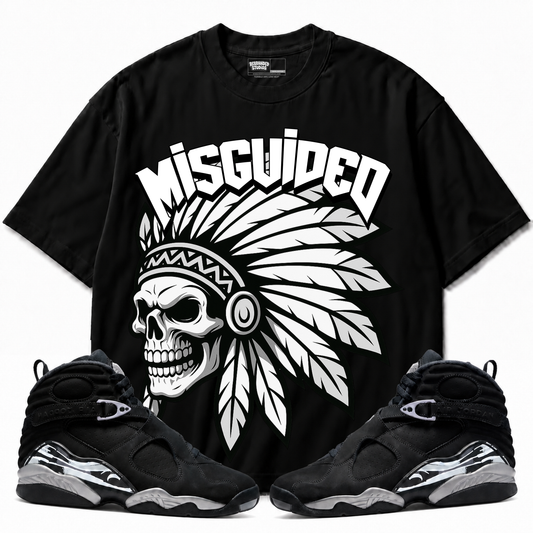 Chief Air Jordan 8 Chrome Graphic T-Shirt — black T-shirt front with matching sneakers