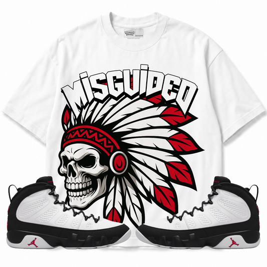 Chief Air Jordan 9 OG Space Jam Graphic T-Shirt — white T-shirt front with matching sneakers