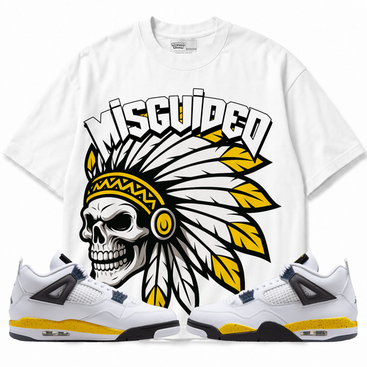 Chief Air Jordan 4 Tour Yellow Graphic T-Shirt — white T-shirt front with matching sneakers