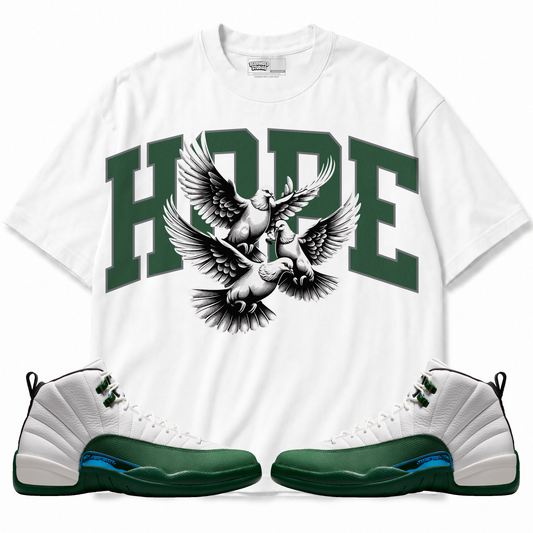 Hope Air Jordan 12 Bucks graphic T-shirt with matching sneakers
