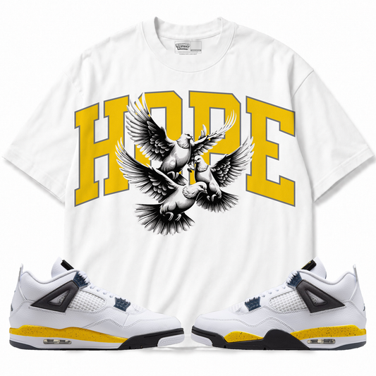 Hope Air Jordan 4 Tour Yellow graphic T-shirt with matching sneakers