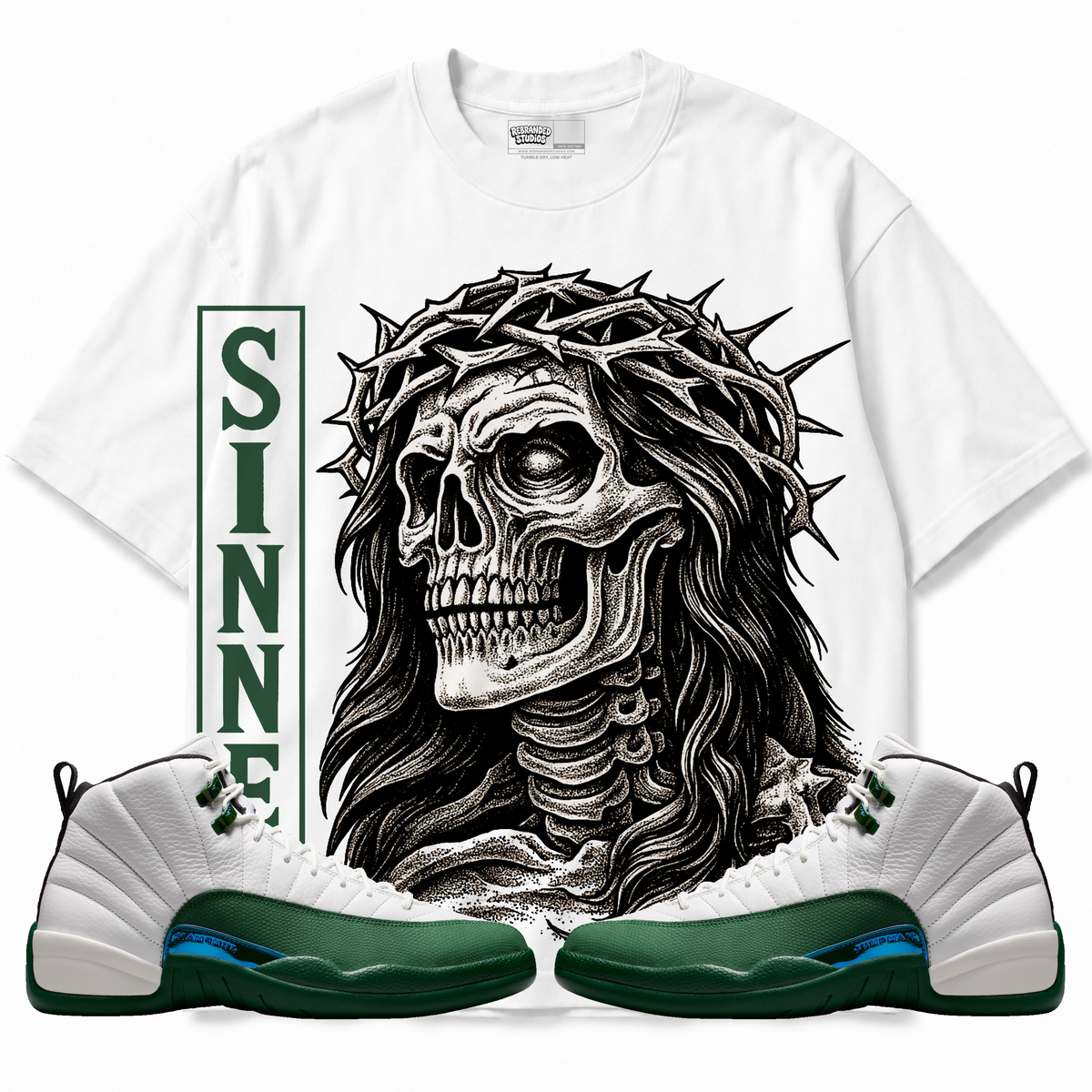 Sinner Air Jordan 12 Bucks Graphic T-Shirt — white T-shirt front with matching sneakers
