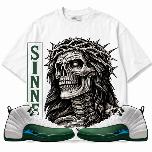 Sinner Air Jordan 12 Bucks Graphic T-Shirt — white T-shirt front with matching sneakers