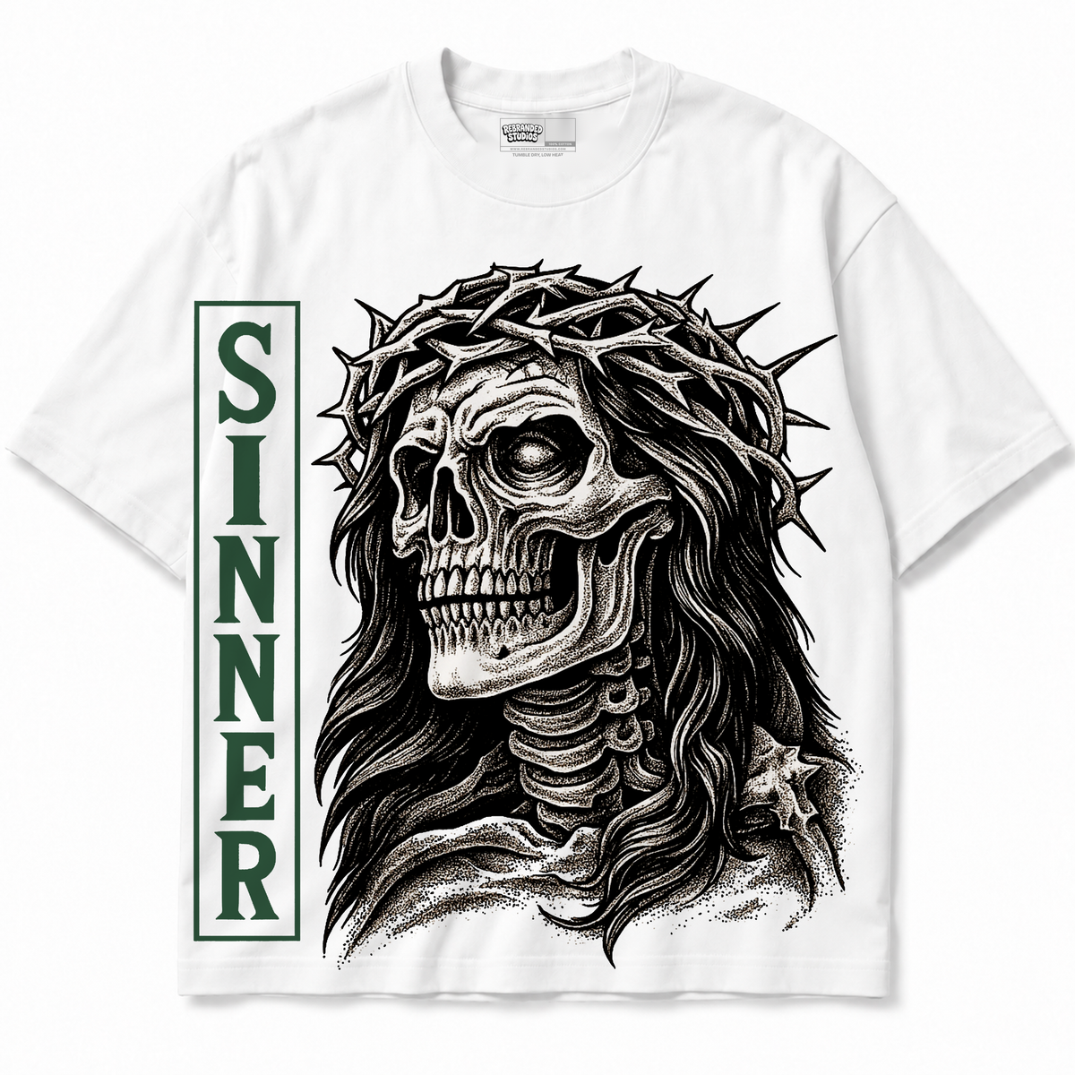 Sinner Air Jordan 12 Bucks Graphic T-Shirt — white T-shirt front without sneakers