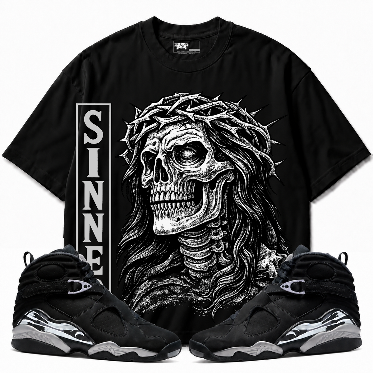Sinner Air Jordan 8 Chrome Graphic T-Shirt — black T-shirt front with matching sneakers