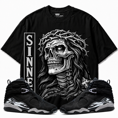 Sinner Air Jordan 8 Chrome Graphic T-Shirt — black T-shirt front with matching sneakers
